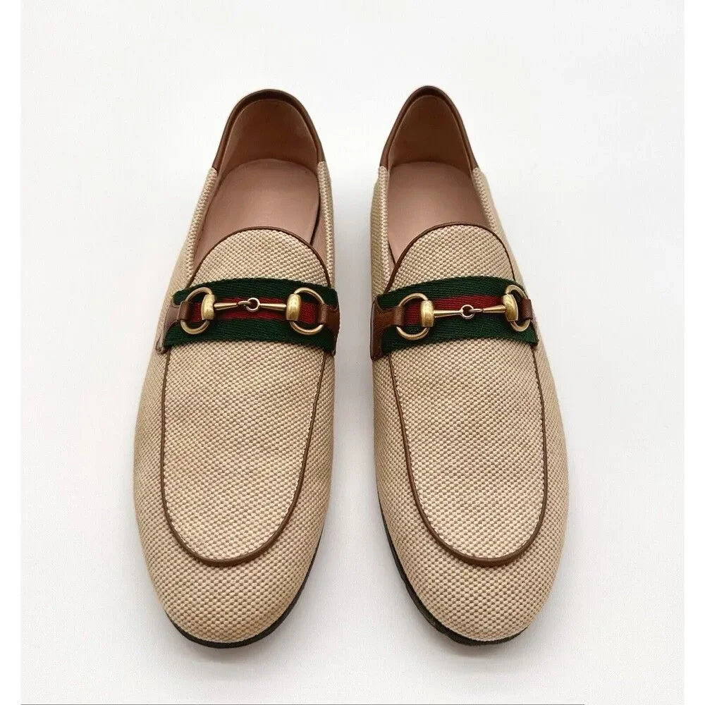 Gucci Brixton Beige Canvas Horsebit Buckle Loafers Web Stripe Flats EU 37 US 7 - Picture 2 of 12